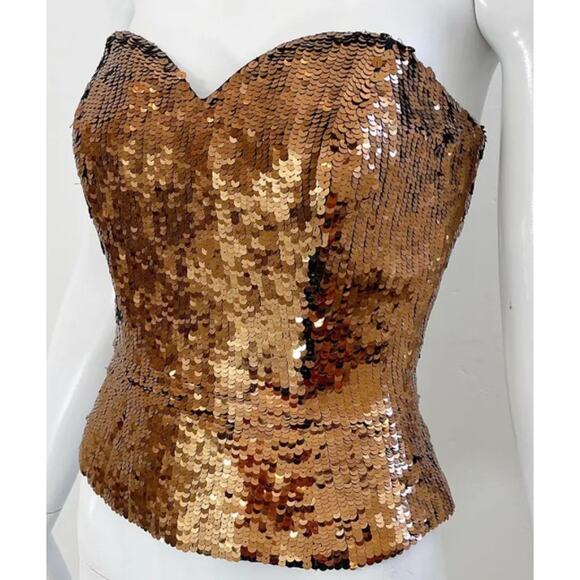 1990s OLEG CASSINI Gold/Bronze fully sequins strapless silk bustier top (L) - Picture 5 of 11